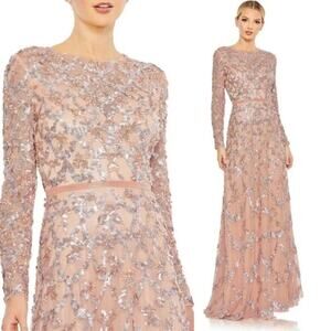 Mac Duggal Pink Embellished Illusion High Neck Long Sleeve A Line Gown Size 18